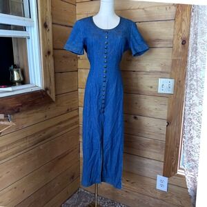 Vintage Maxi Denim Dress Women Size 4 Blue Soutache Western Lifestyles Groupe JS